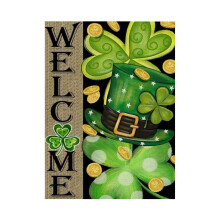 Welcome St Patricks Day Garden Flag 12x18 Inch Double Sided,Shamrock luck Clover Holiday Yard Outdoor Flag(Dark Green)