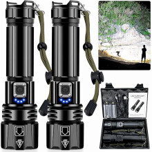 ZC Rechargeable LED Flashlight, XHP70.2, 5 Modes, Zoomable, Waterproof, USB Power Bank, Tactical – 2-Pack