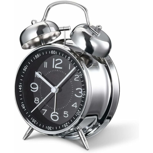 Loud Twin Bell Alarm Clock, Silent Quartz, Backlit, Grey
