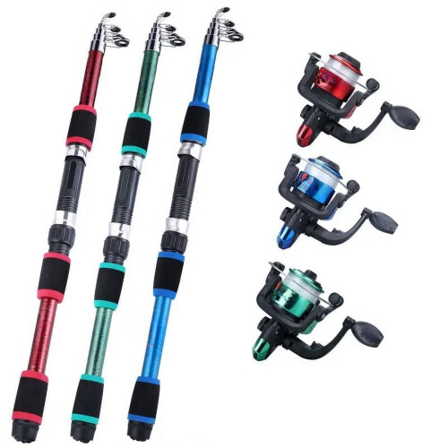 Conjunto de vara de pesca telescópica com molinete e iscas. 1