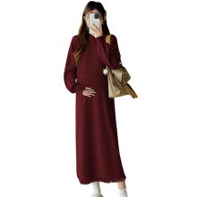 Autumn Winter Dress Maternity Knit Fringe Dress-Wine Red XL