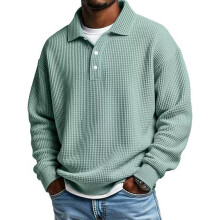 Men's Shirt Long Sleeve Waffles Knit Texture-light green L