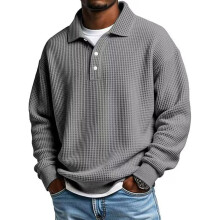 Men's Long Sleeve Shirt with Waffles Knit Design-Gray XXXL