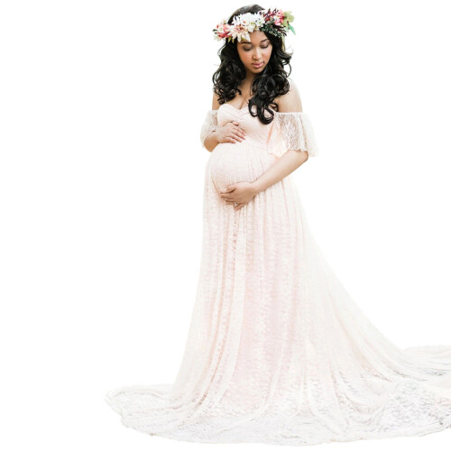 Breathable Maternity Gown Comprising Delicate Lace and-White L