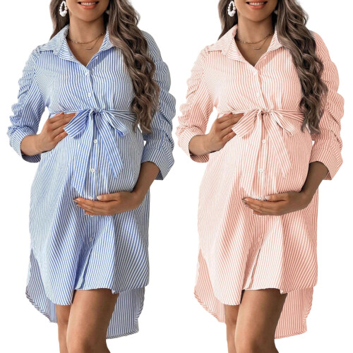 Casual Button Down Collar Maternity Dress with-o red S 2