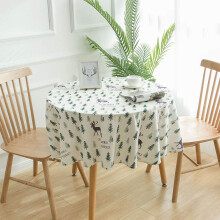 Cotton Linen Round Tablecloth with Reindeer Print, 120cm