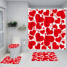 4-Pc Valentine’s Shower Curtain Set w/ Non-Slip Rug, Toilet Lid Cover, U-Shape Bath Mat & 12 Hooks – Red Heart Decor