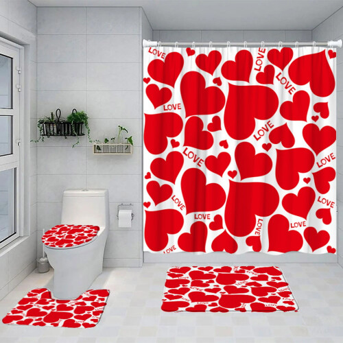 Ensemble rideau de douche Saint-Valentin cœur rouge 4 pièces