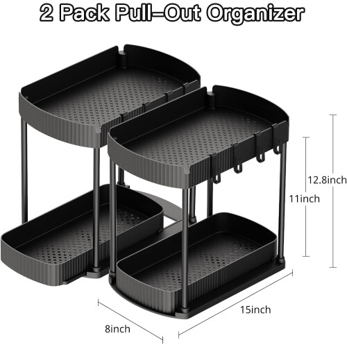 Πακέτο 2 μαύρων συρόμενων οργανωτών κάτω από τον νεροχύτη 15x8x12,8 ιντσών 1