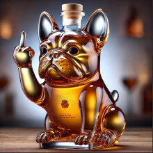 Whiskeyflasche in Form einer französischen Bulldogge, dazu passende Whiskey-Verkostungsgläser für Partys