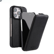MELKCO Compatible For iPhone 16 Genuine Cow Leather+PC Phone Case Vertical Flip Litchi Texture Protective Cover