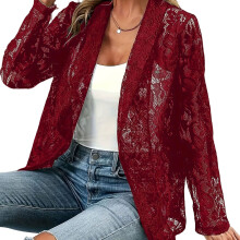 Women's Lace Blazers Jacket Elegant Long Sleeve Open-Burgundy M