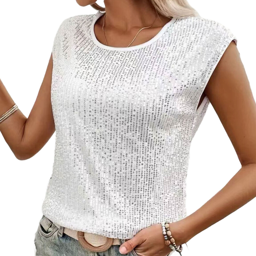 White Womens Sequins Sparkly Tops Summer Cap Sleeve Tank- Xxl