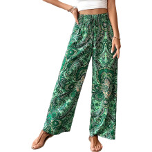 Women's Adjustable Waist Printed Wide Leg Pants-dark green S