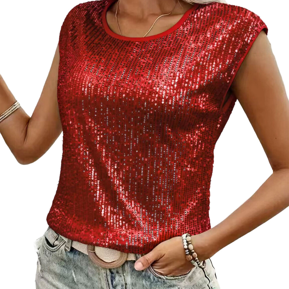 Red Womens Sequins Sparkles Tops Glitter Round Neck Cap- Xxl
