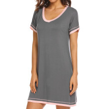 Women's Nightgown Short Sleeve Sleep Shirt V Neck-Gray M