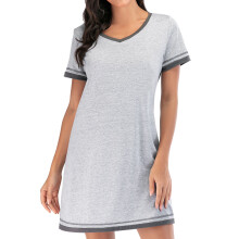 Women's Nightgown Short Sleeve Sleep Shirt V Neck-Light gray S