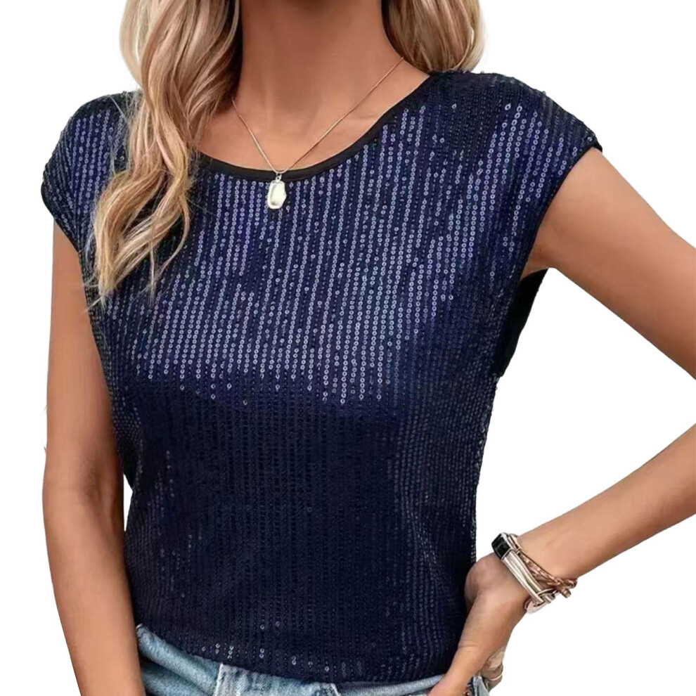Dark/Blue Sequins Tops Short Sleeve Glitter Fashion Blouses- M