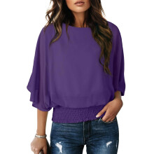 Womens Blouses Dressy Casual Boat Neck Flowy Chiffon-Purple S