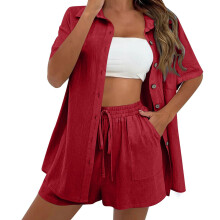 Women Summer Cotton Linen Short Sets 2 Piece-Rouge color M