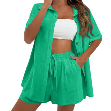Women Summer Cotton Linen Short Sets 2 Piece Shorts Top-Green S