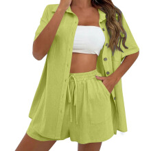 Women Summer Cotton Linen Short Sets 2-fluorescent yellow XXL