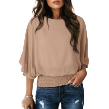 Womens Blouses Dressy Casual Boat Neck Flowy Chiffon-Khaki XL
