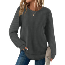 Tops Color for Women Loose Fit Knit Long Sleeve-Dark Gray XXL