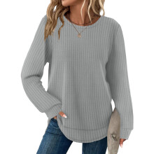 Tops Color for Women Loose Fit Knit Long Sleeve-Light Gray XXL