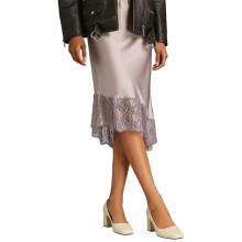 Women's Elegant Lace Trim Satins Midi Skirt with-White L