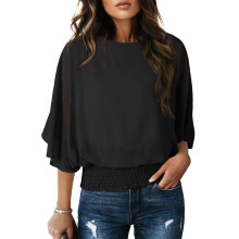 Womens Blouses Dressy Casual Boat Neck Flowy Chiffon-Black XL