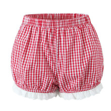 Women Bloomers Mini Shorts Gingham Plaids Ruffled Lace-Red S