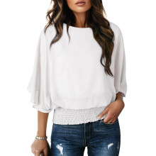 Womens Blouses Dressy Casual Boat Neck Flowy Chiffon-White XXL