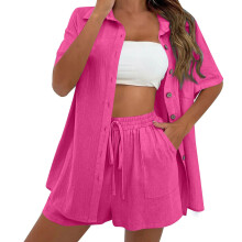 Women Summer Cotton Linen Short Sets 2 Piece Shorts-rose red L