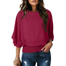 Womens Blouses Dressy Casual Boat Neck Flowy Chiffon-Red XL
