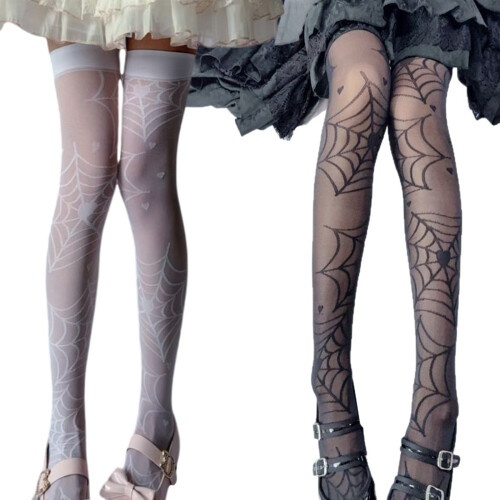 Thigh High Stockings Gothic Spiderweb Design Breathable-White 1