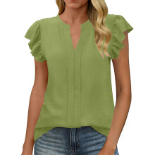 Womens Business Summer Tops Casual V Neck Ruffle Cap-Green XL