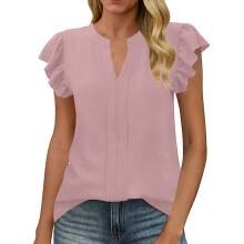Womens Business Summer Tops Casual V Neck Ruffle Cap-Pink XL