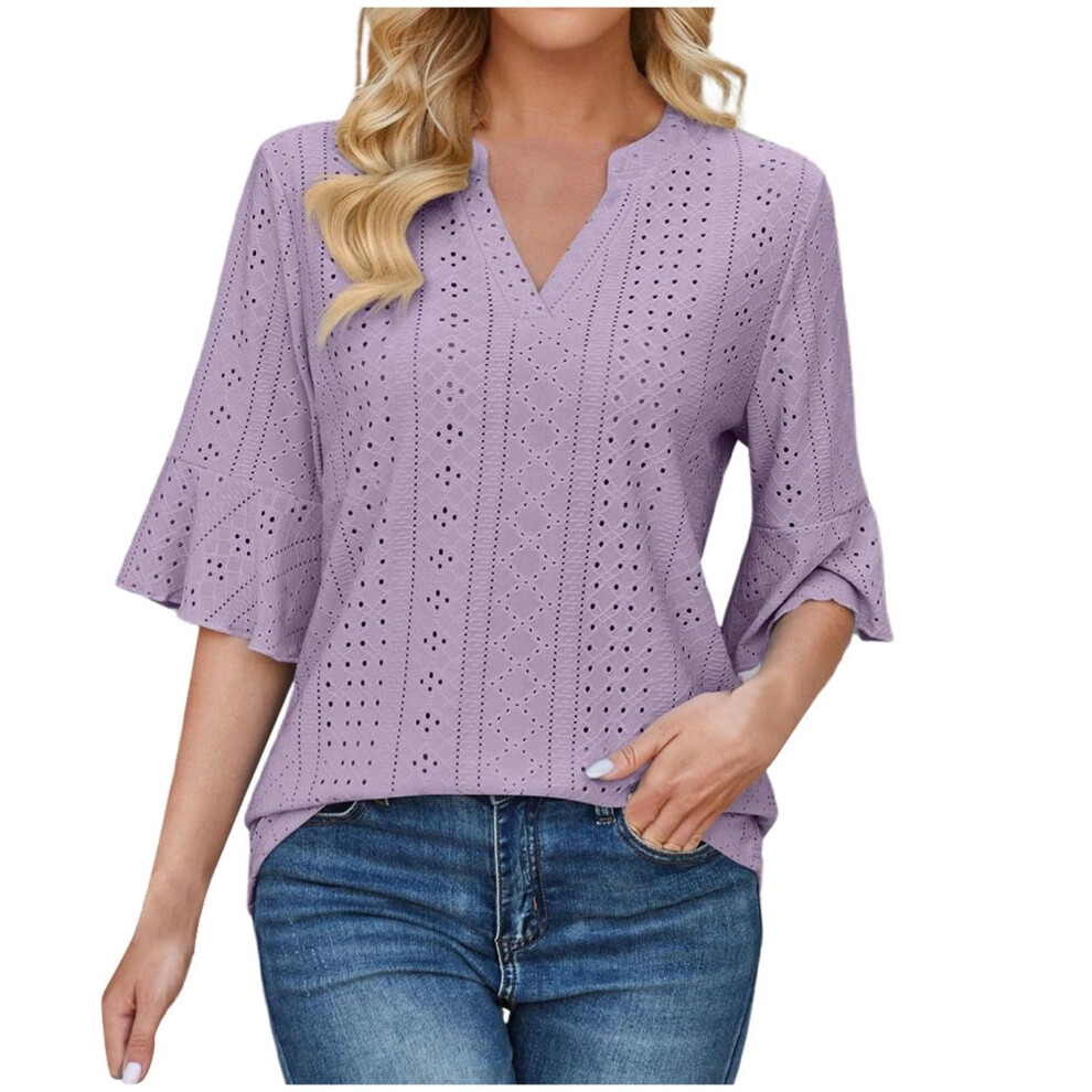 Purple Womens Casual Blouses Shirts V Neck Trendy Business- S