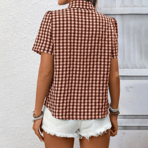 Women's Plaid Button Down Shirt Summer Gingham Short-rust red L 1