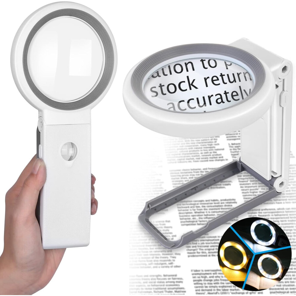 Reading Glass, Handheld Standing Illuminated Magnifying Glass with 18 LED Lights, 10X 30X Tabletop Magnifying Glass with Folding Stand compatible Rea