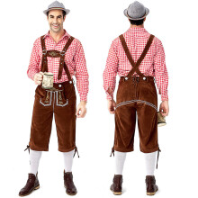 Traje alemán de Oktoberfest para hombre | Camisa a cuadros con tirantes bordados y sombrero*Camisa roja + tirantes marrones + sombrero*M Camisa roja