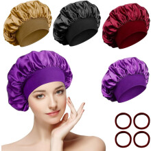 4 pieces satin sleep caps, cap with 4 pieces elastic hair bands_Surprise Gift