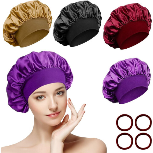 4 Satin-Schlafhauben, inklusive 4 elastischen Haarbändern – Überraschungsgeschenk