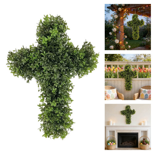 Realistic Artificial Green Plant Crosses Shape Wreath Wall 1