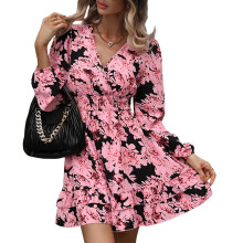 Women's Floral Chiffon Short Skirt A-line Long Sleeve-Pink XL
