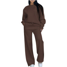 Women's sportswear set: crew neck long-sleeved-Coffee XXL