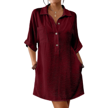 Women's Long-Sleeved Cotton Linen Length Shirt Top-Burgundy S