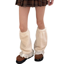 Ruffle Lace Fleece Leg Warmers with Bows Accent Winter-White
