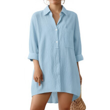 Women's Long-Sleeved Cotton Linen Length Shirt Top-Sky Blue M